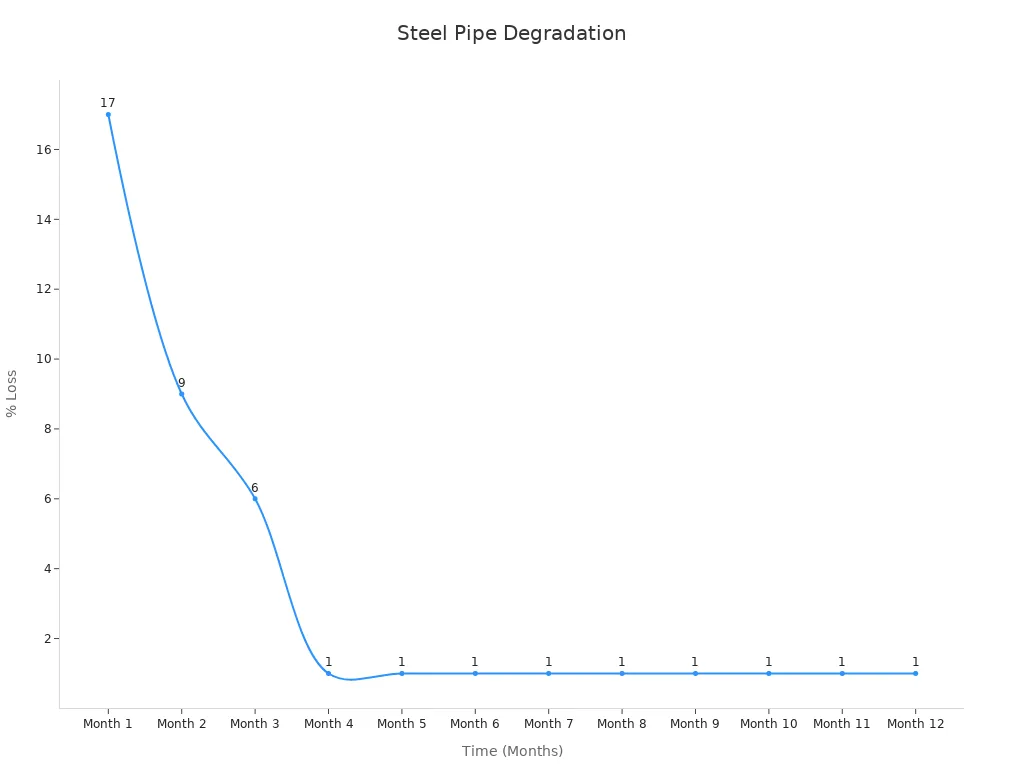 A line chart showing zinc coating loss over 12 months as degradation evidence for galvanized steel pipes