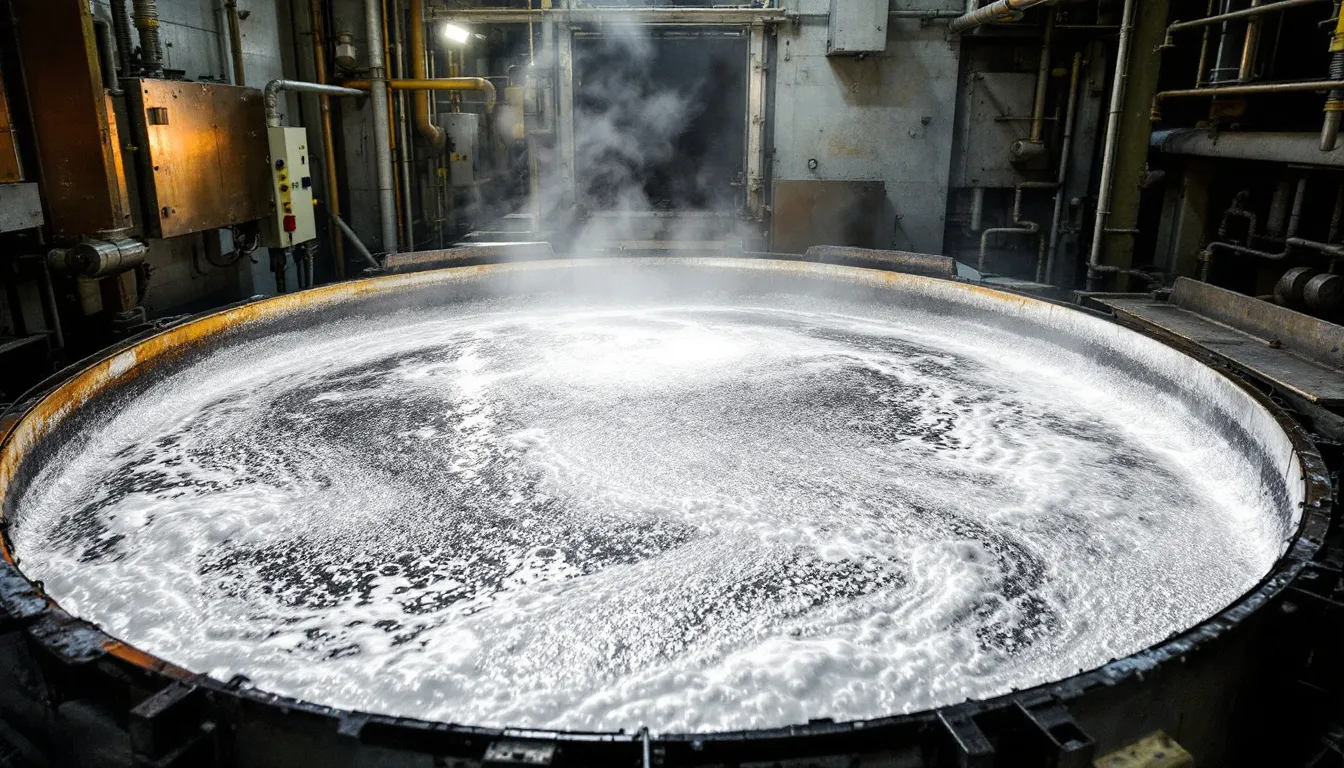 A large industrial hot-dip galvanizing bath is filled with molten zinc at a high temperature, ready to coat steel sheets for enhanced corrosion resistance. The protective zinc coating will create a durable layer that protects the galvanized steel from rust and severe water exposure.